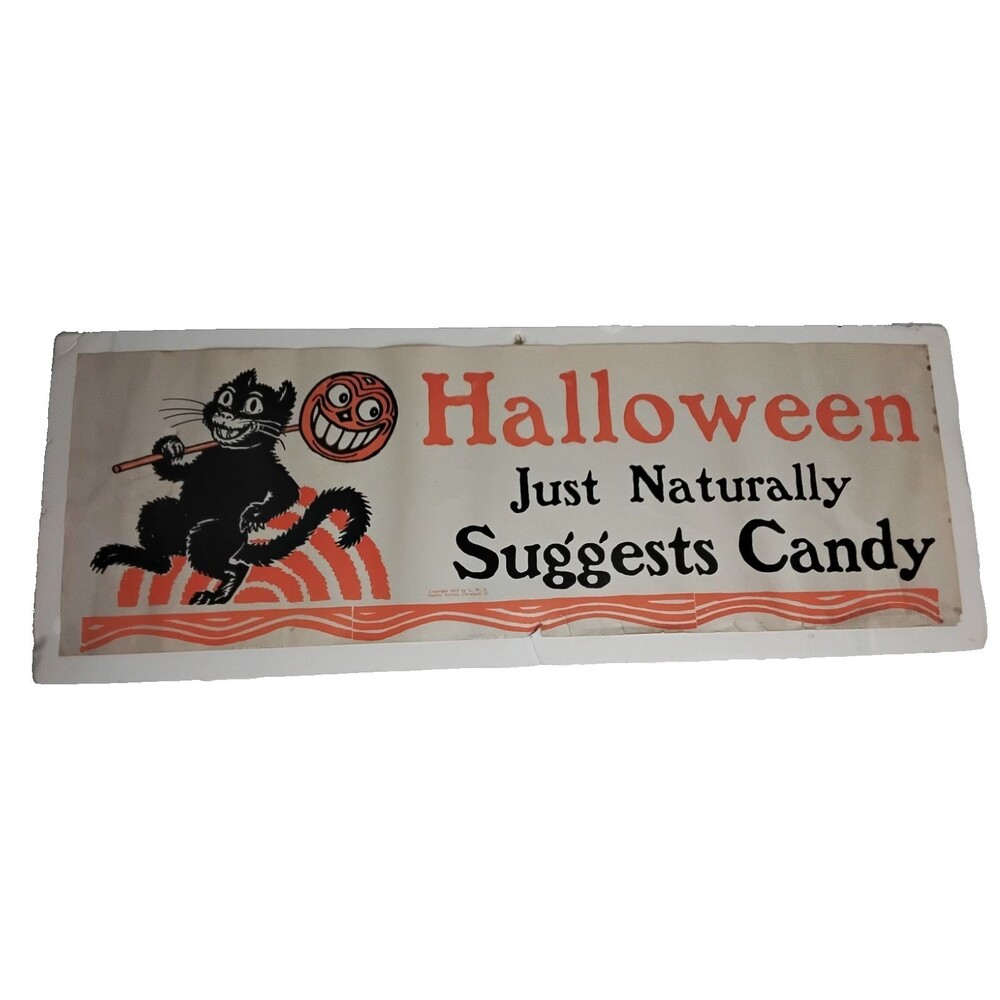 Halloween Original Candy Advertising Sign  Orange Black Cat 1917 copyright Paper